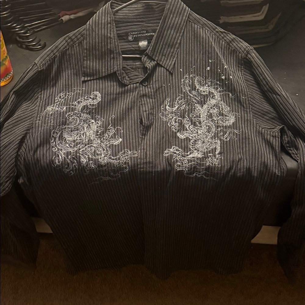 Counter Intelligence Black Striped Shirt with White Embroidery